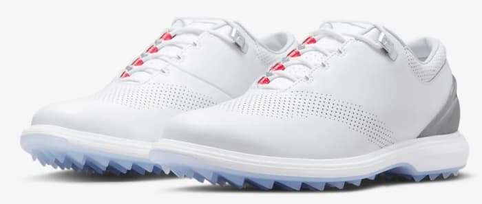 View of white and grey Jordan shoes.